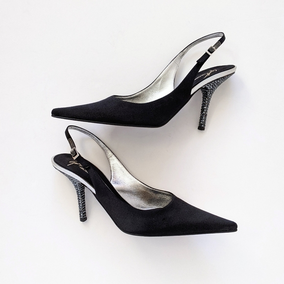 Giuseppe Zanotti Black Crystal Embellished Satin Slingback Pumps - Picture 3 of 16